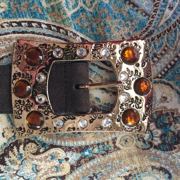 Vintage Statement belt Jeweled buckle suede leather belt M brown, amber, gold main image 5